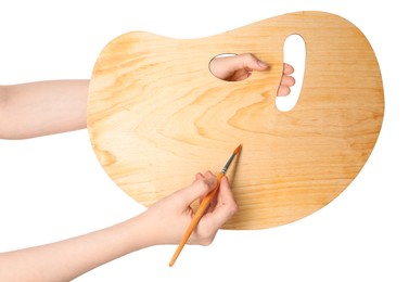 Photo of Artist with empty palette and brush on white background, closeup