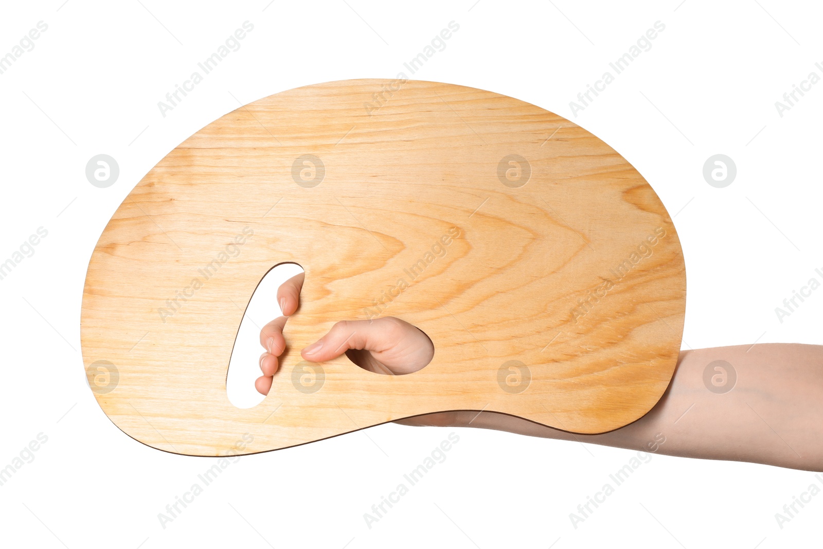 Photo of Artist with empty palette on white background, closeup