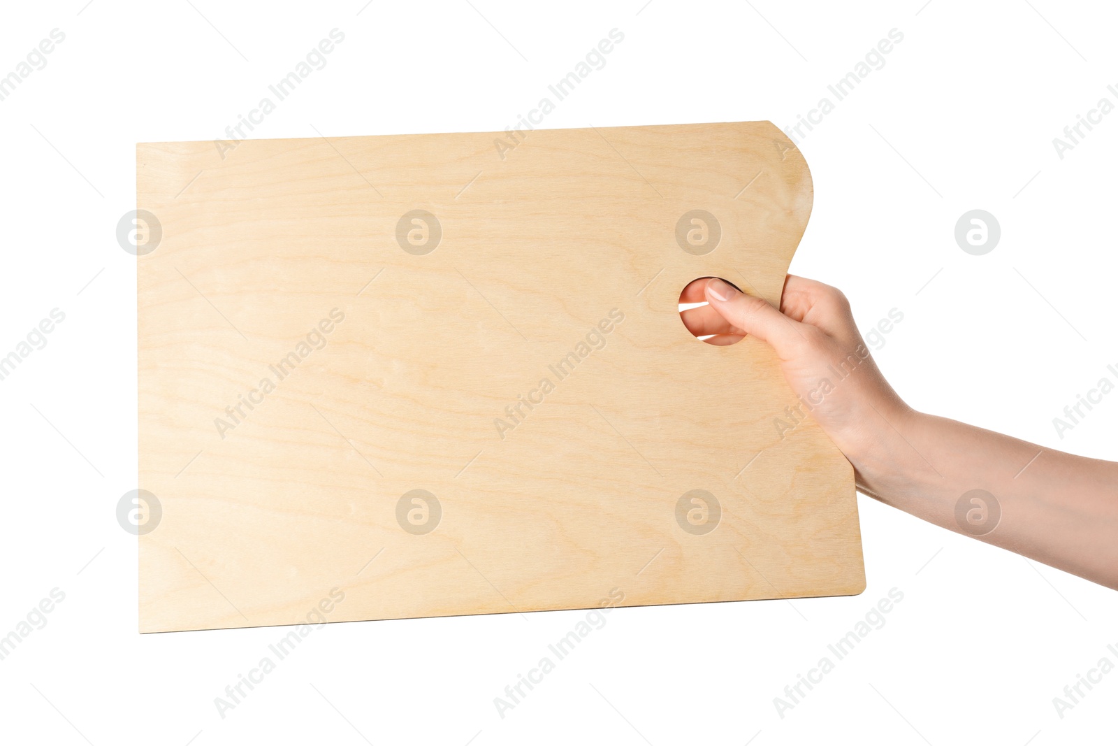 Photo of Artist with empty palette on white background, closeup
