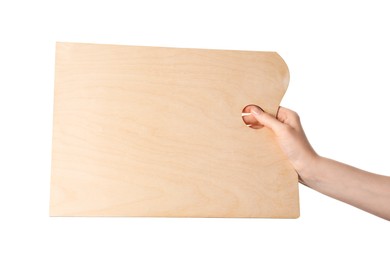 Photo of Artist with empty palette on white background, closeup