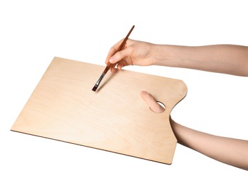 Photo of Artist with empty palette and brush on white background, closeup