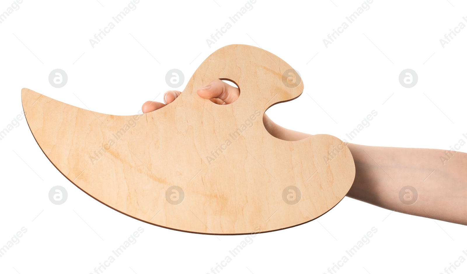 Photo of Artist with empty palette on white background, closeup