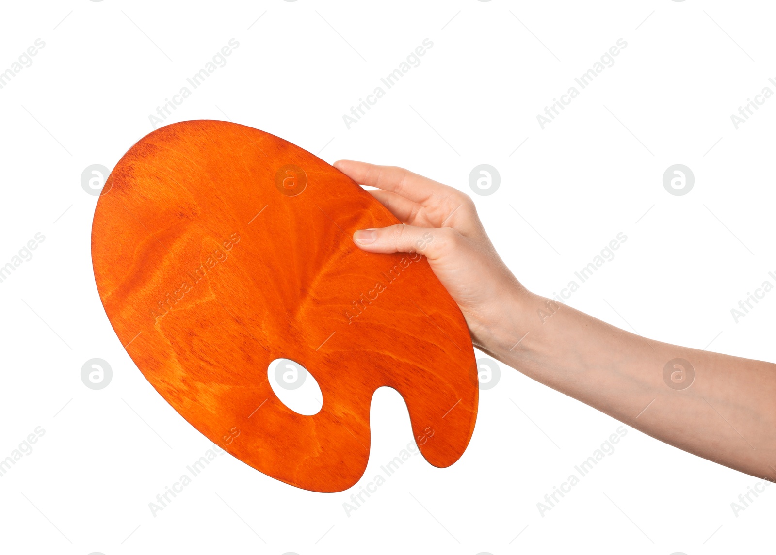 Photo of Artist with empty palette on white background, closeup