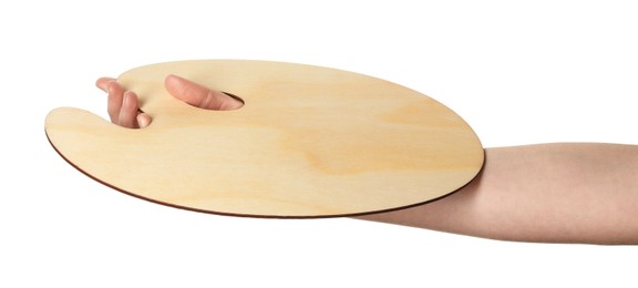 Photo of Artist with empty palette on white background, closeup