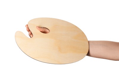 Photo of Artist with empty palette on white background, closeup