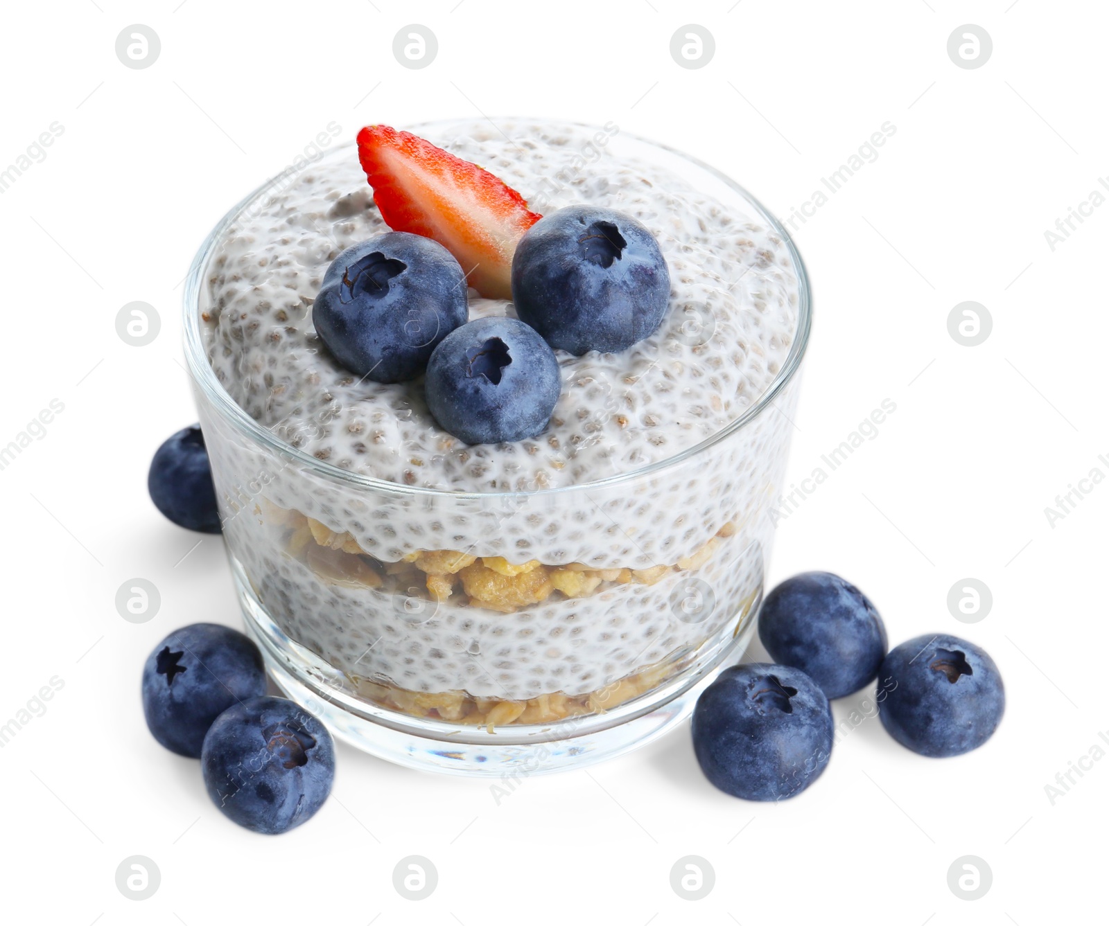 Delicious pudding with chia seeds, yogurt, blueberries, granola and strawberry isolated on white. Superfood Photo of Delicious pudding with chia seeds, yogurt, blueberries, granola and strawberry isolated on white. Superfood