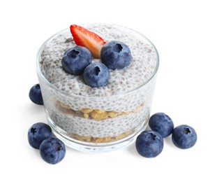 Photo of Delicious pudding with chia seeds, yogurt, blueberries, granola and strawberry isolated on white. Superfood