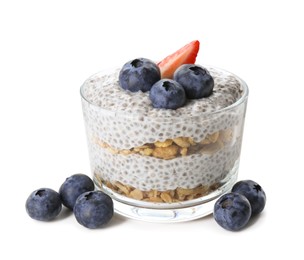 Photo of Delicious pudding with chia seeds, yogurt, blueberries, granola and strawberry isolated on white. Superfood