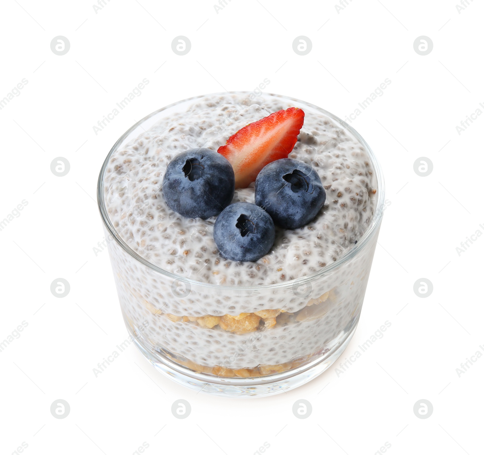 Delicious pudding with chia seeds, yogurt, blueberries, granola and strawberry isolated on white. Superfood Photo of Delicious pudding with chia seeds, yogurt, blueberries, granola and strawberry isolated on white. Superfood