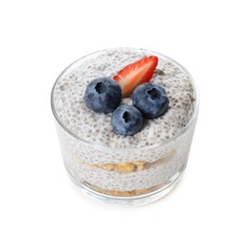 Photo of Delicious pudding with chia seeds, yogurt, blueberries, granola and strawberry isolated on white. Superfood