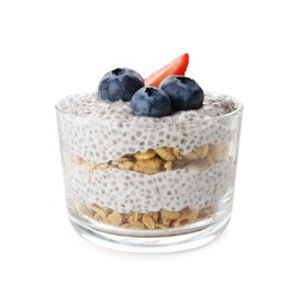 Photo of Delicious pudding with chia seeds, yogurt, blueberries, granola and strawberry isolated on white. Superfood