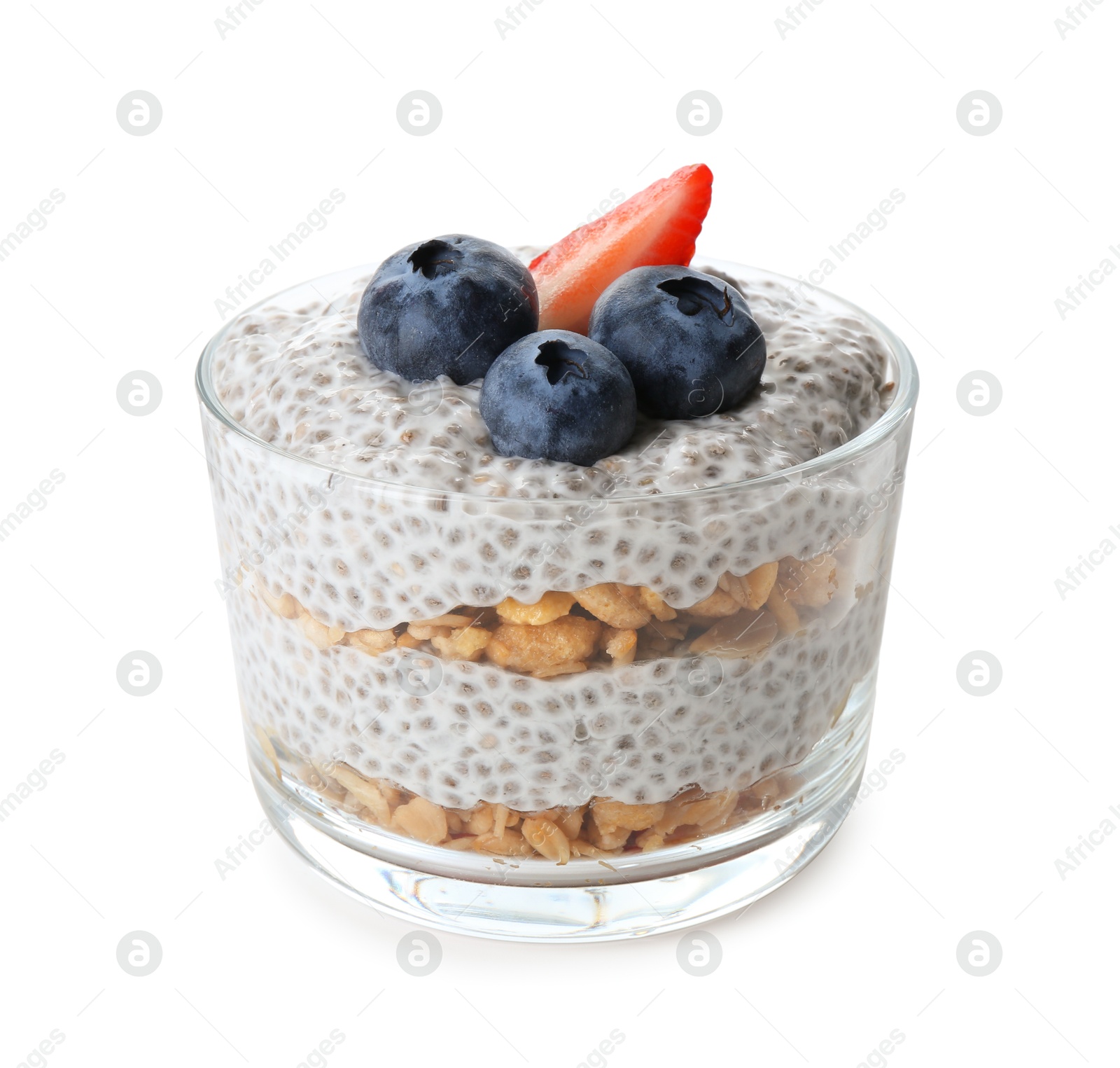Photo of Delicious pudding with chia seeds, yogurt, blueberries, granola and strawberry isolated on white. Superfood