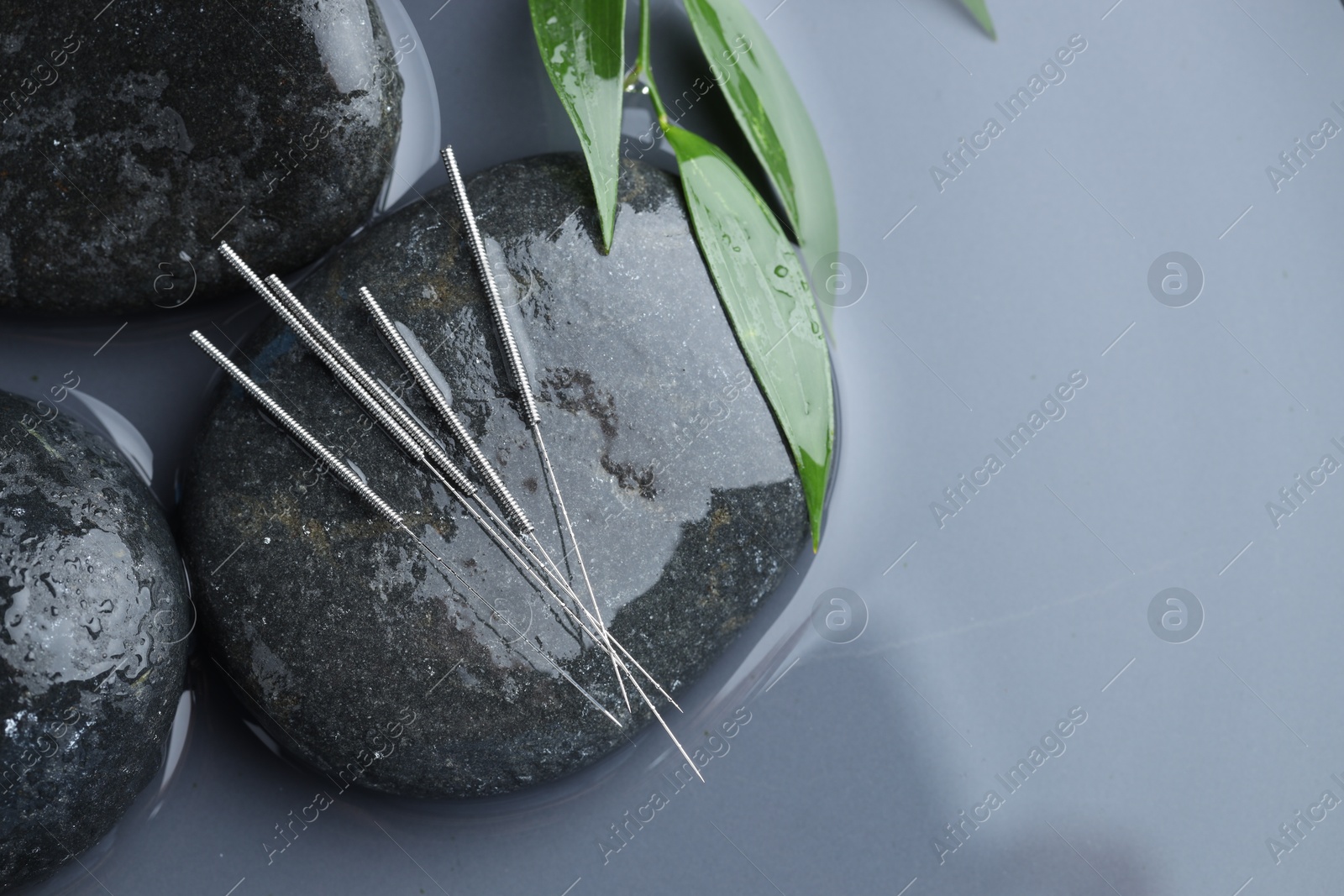Acupuncture needles, spa stones and leaves in water on grey background, top view. Space for text Photo of Acupuncture needles, spa stones and leaves in water on grey background, top view. Space for text