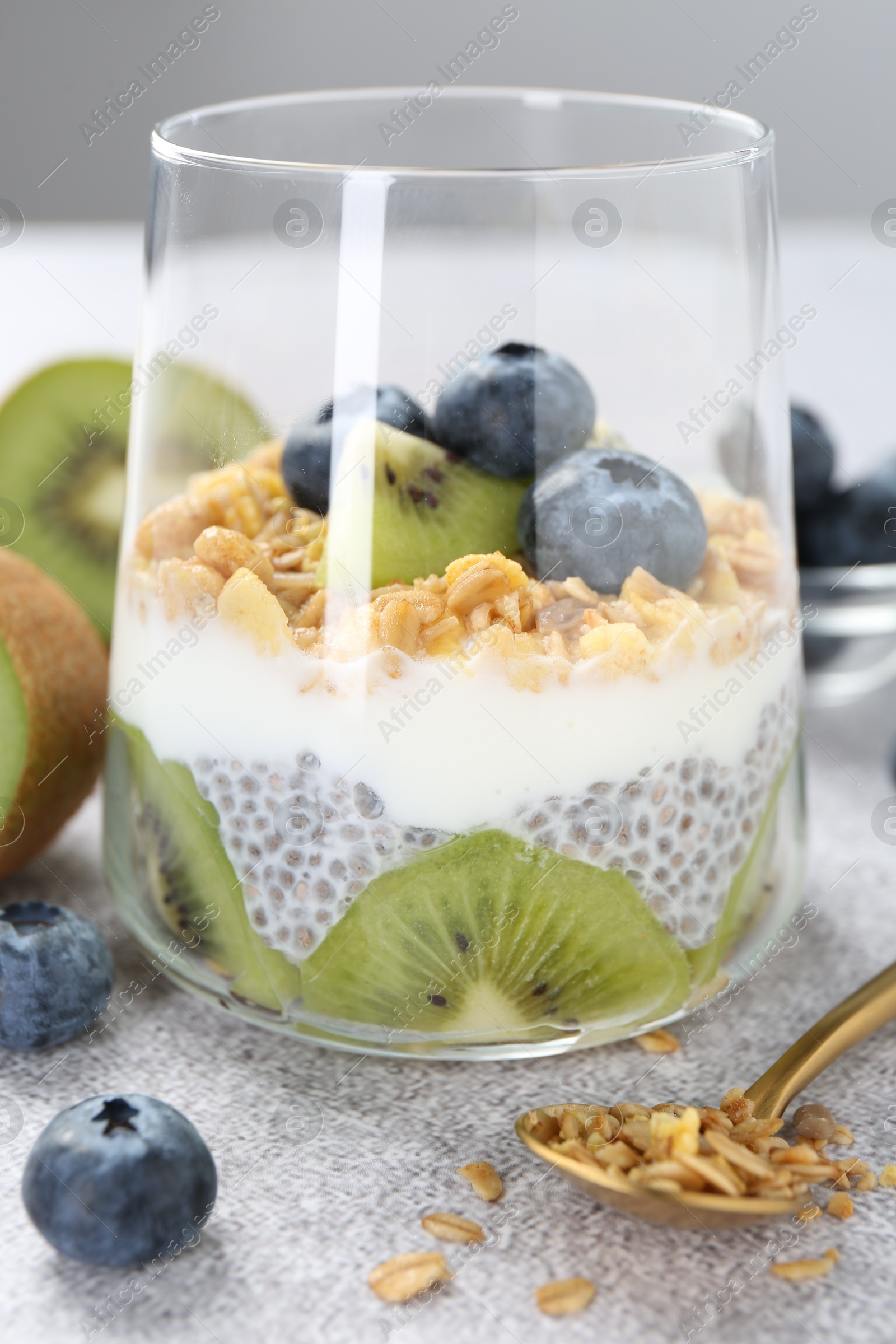 Delicious dessert with chia seeds, yogurt, granola, blueberries and kiwi on light grey table, closeup. Superfood Photo of Delicious dessert with chia seeds, yogurt, granola, blueberries and kiwi on light grey table, closeup. Superfood