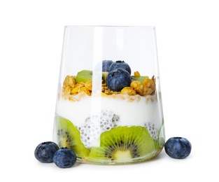 Photo of Delicious dessert with chia seeds, yogurt, granola, blueberries and kiwi in glass isolated on white. Superfood