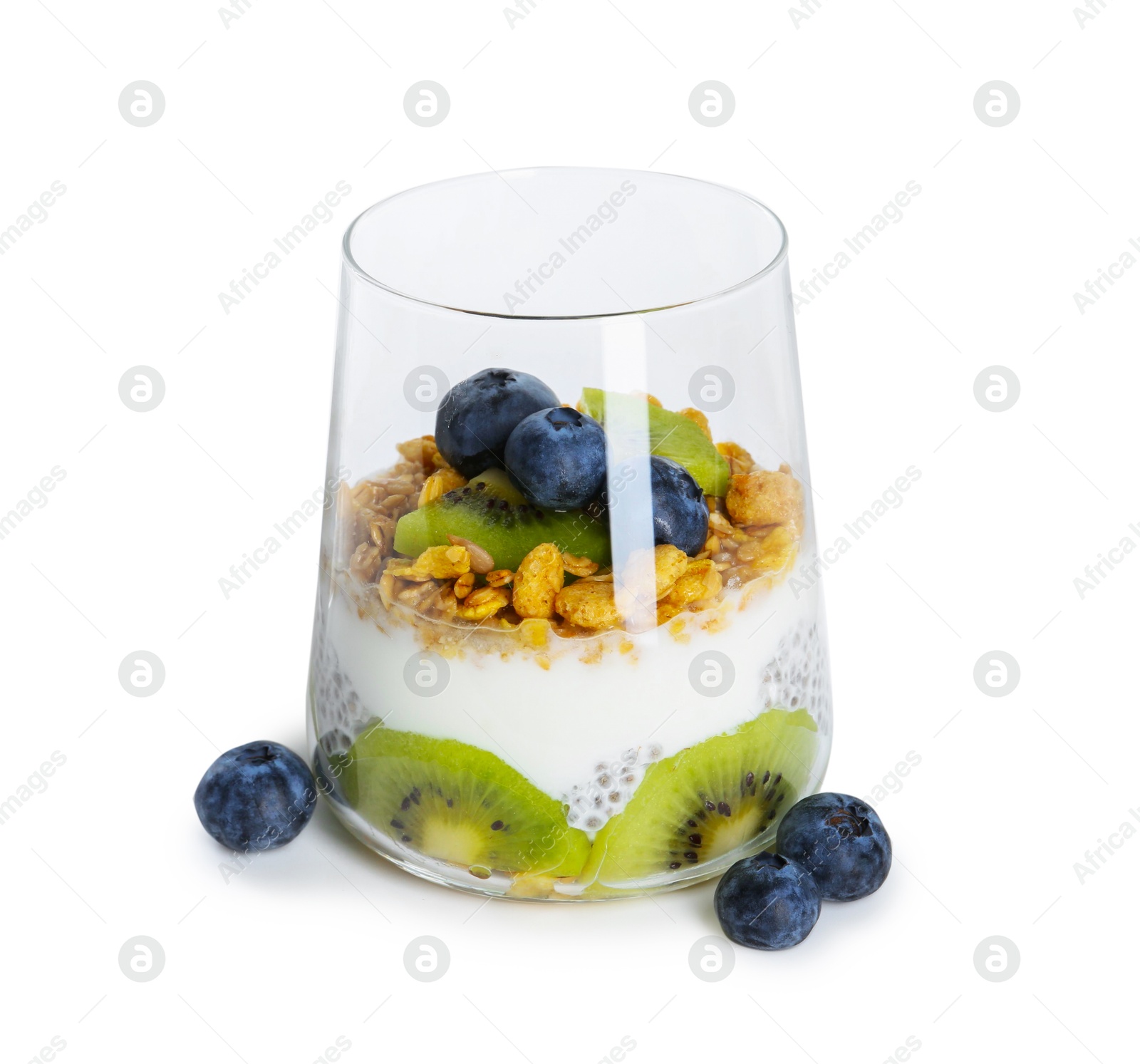 Delicious dessert with chia seeds, yogurt, granola, blueberries and kiwi in glass isolated on white. Superfood Photo of Delicious dessert with chia seeds, yogurt, granola, blueberries and kiwi in glass isolated on white. Superfood