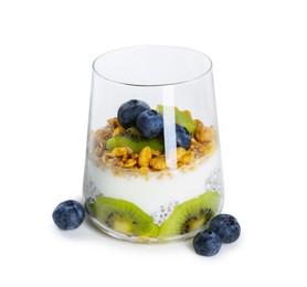 Photo of Delicious dessert with chia seeds, yogurt, granola, blueberries and kiwi in glass isolated on white. Superfood