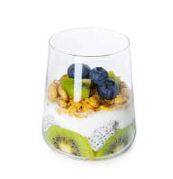 Photo of Delicious dessert with chia seeds, yogurt, granola, blueberries and kiwi in glass isolated on white. Superfood