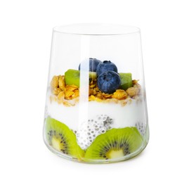 Photo of Delicious dessert with chia seeds, yogurt, granola, blueberries and kiwi in glass isolated on white. Superfood