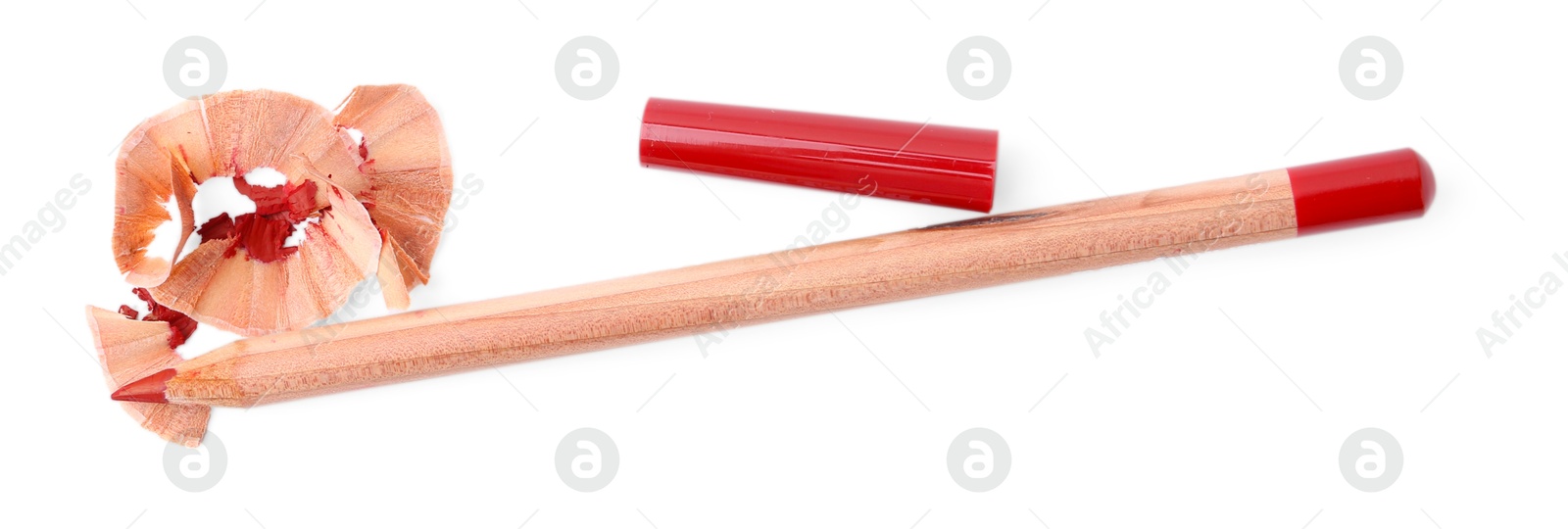 One beautiful lip pencil and shavings isolated on white, top view Photo of One beautiful lip pencil and shavings isolated on white, top view