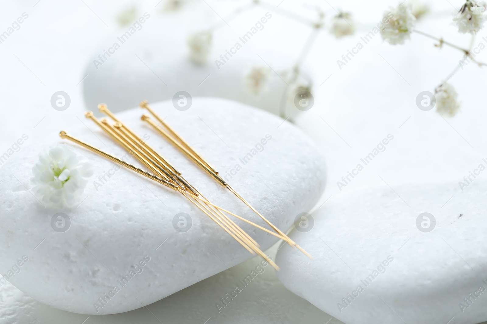 Acupuncture needles, pebble stone and flower bud on white textured table, closeup Photo of Acupuncture needles, pebble stone and flower bud on white textured table, closeup
