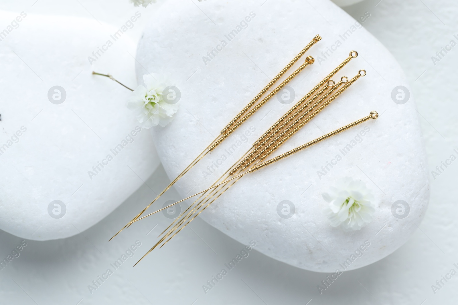 Acupuncture needles, pebble stones and flower buds on white table, flat lay Photo of Acupuncture needles, pebble stones and flower buds on white table, flat lay