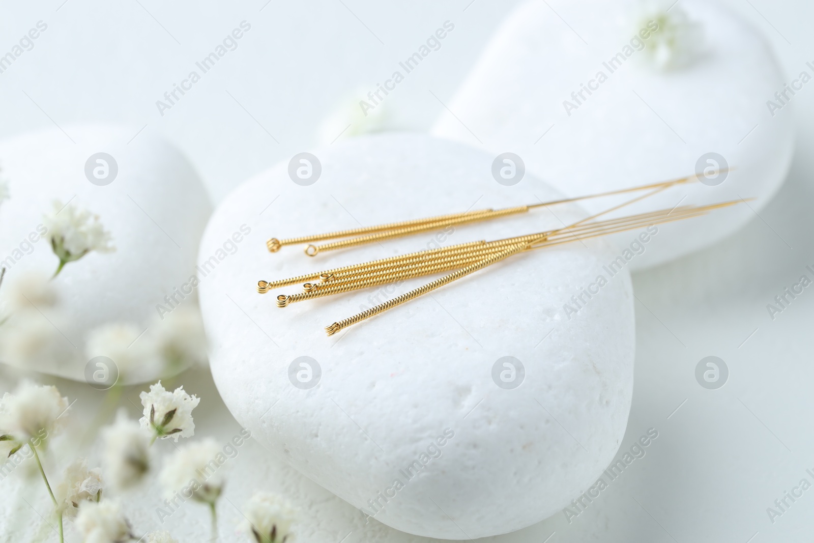 Photo of Acupuncture needles, pebble stones and flowers on light table, closeup