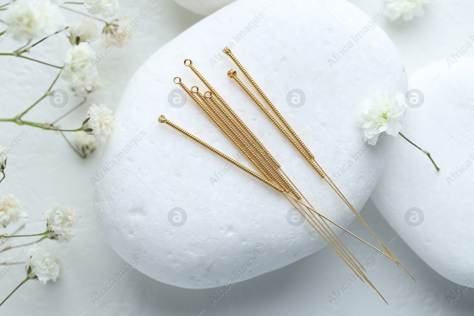 Acupuncture needles, pebble stones and flowers on light table, flat lay Photo of Acupuncture needles, pebble stones and flowers on light table, flat lay