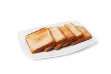 Photo of Pieces of tasty toast bread isolated on white