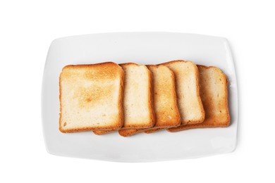 Photo of Pieces of tasty toast bread isolated on white, top view