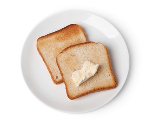Photo of Tasty toast bread with butter isolated on white, top view