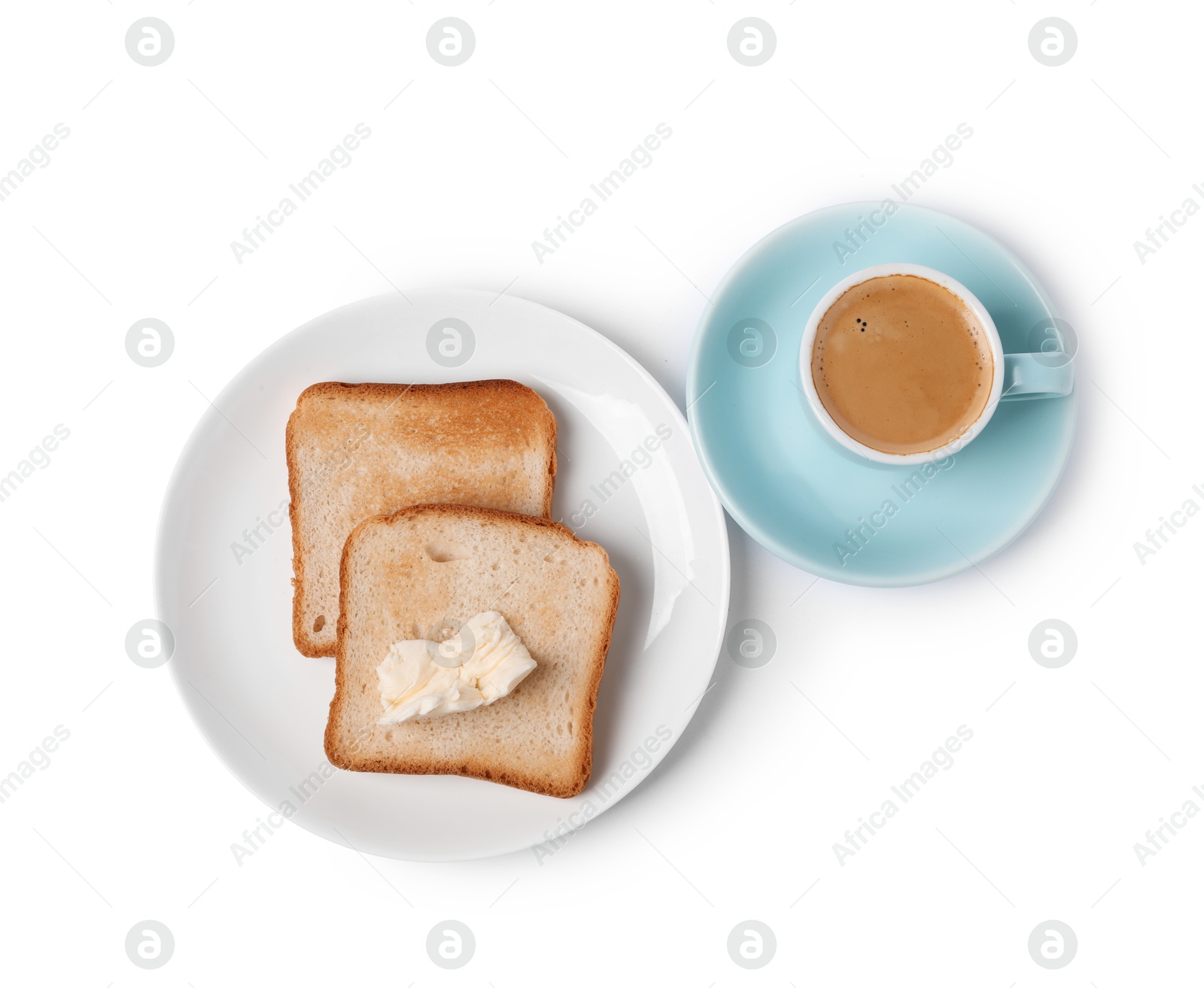 Tasty toast bread with butter and coffee isolated on white, top view Photo of Tasty toast bread with butter and coffee isolated on white, top view