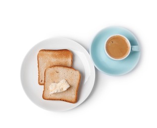 Photo of Tasty toast bread with butter and coffee isolated on white, top view