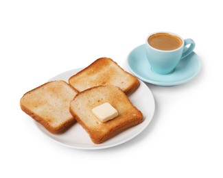 Photo of Tasty toast bread with butter and coffee isolated on white