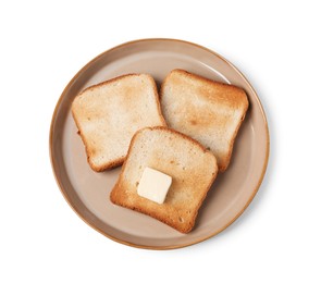 Photo of Tasty toast bread with butter isolated on white, top view
