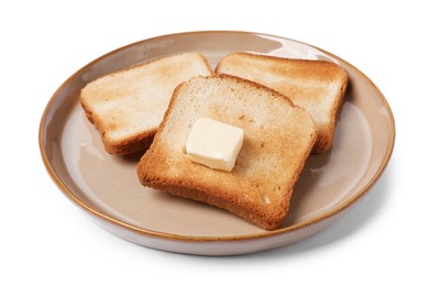 Photo of Tasty toast bread with butter isolated on white