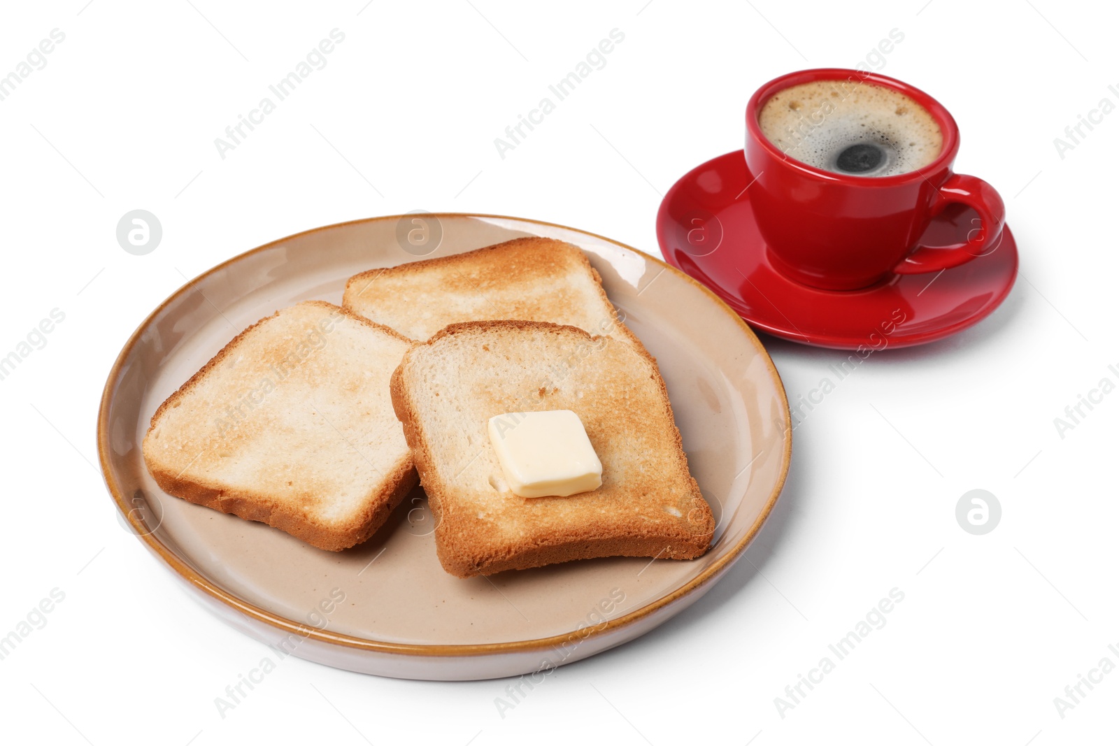 Tasty toast bread with butter and coffee isolated on white Photo of Tasty toast bread with butter and coffee isolated on white