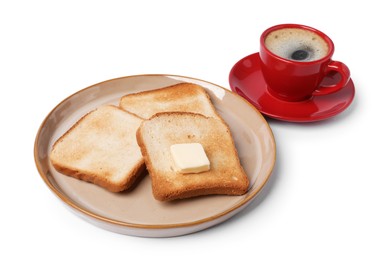 Photo of Tasty toast bread with butter and coffee isolated on white