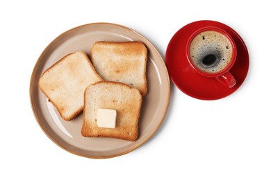 Photo of Tasty toast bread with butter and coffee isolated on white, top view