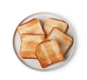 Photo of Pieces of tasty toast bread isolated on white, top view
