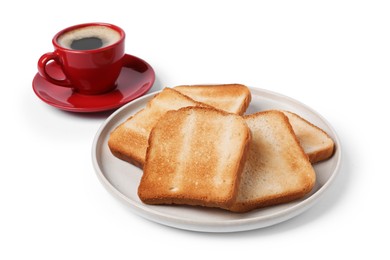 Photo of Tasty toast bread and coffee isolated on white