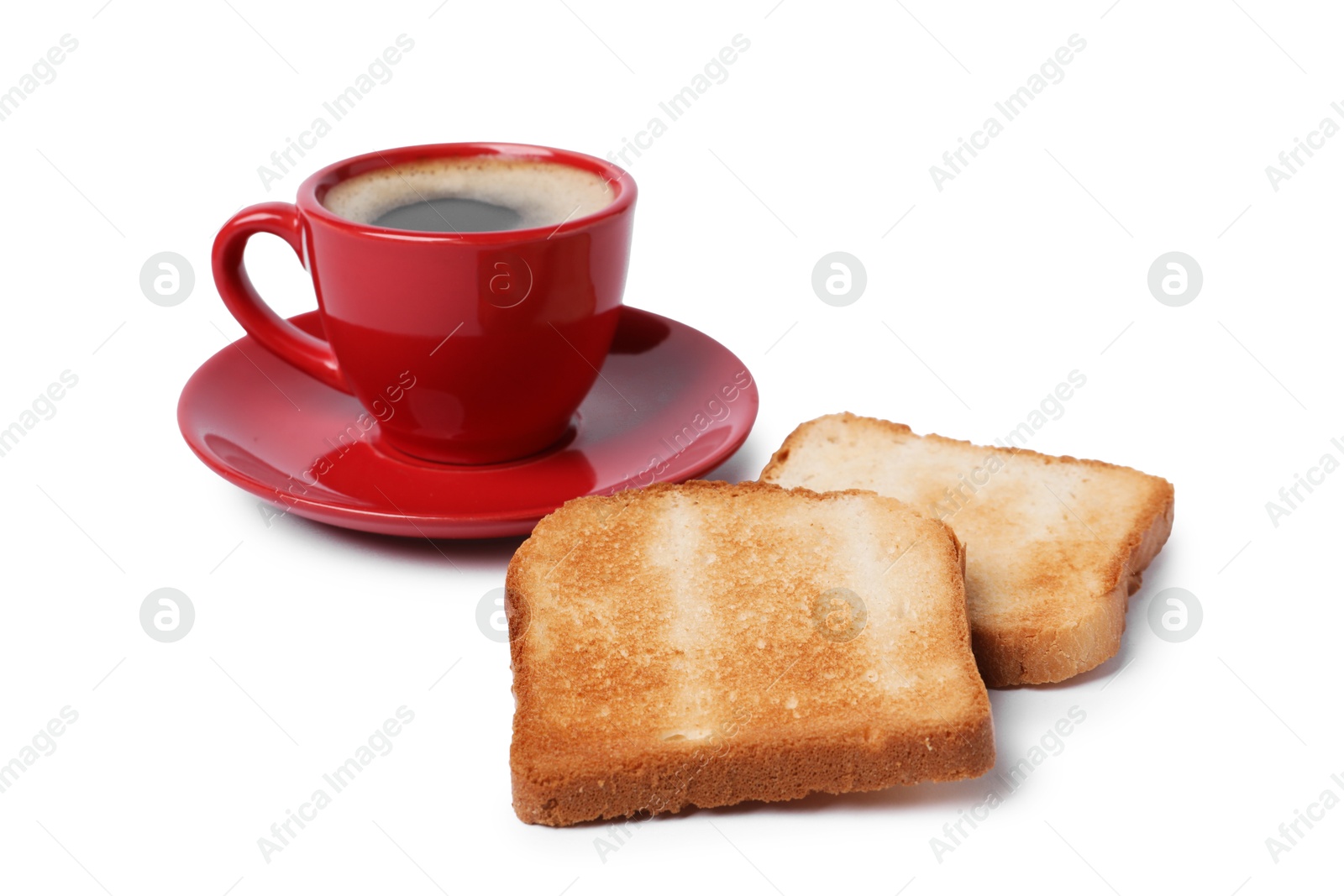 Tasty toast bread and coffee isolated on white Photo of Tasty toast bread and coffee isolated on white