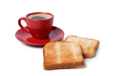 Photo of Tasty toast bread and coffee isolated on white