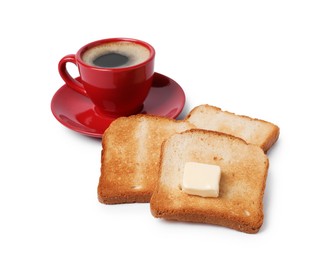Photo of Tasty toast bread with butter and coffee isolated on white