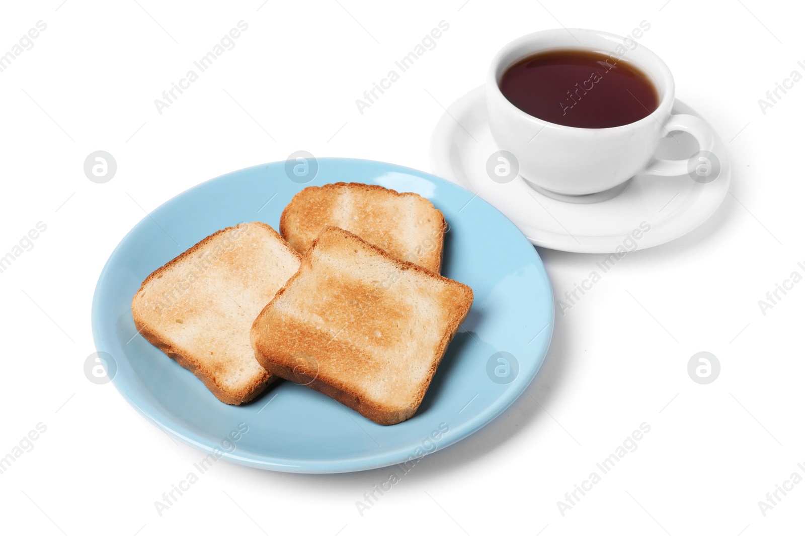 Tasty toast bread and tea isolated on white Photo of Tasty toast bread and tea isolated on white