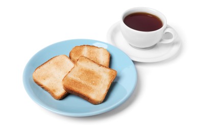 Photo of Tasty toast bread and tea isolated on white