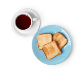 Photo of Tasty toast bread and tea isolated on white, top view