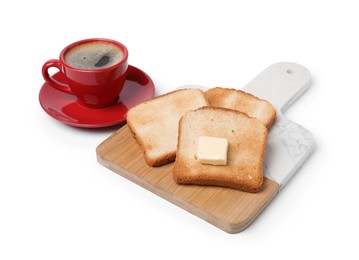 Photo of Tasty toast bread with butter and coffee isolated on white