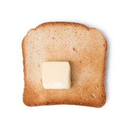 Photo of Tasty toast bread with butter isolated on white, top view
