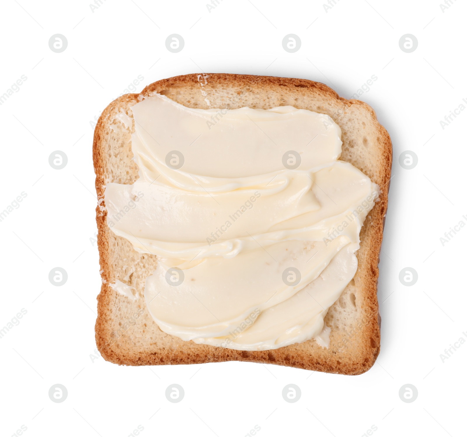 Tasty toast bread with butter isolated on white, top view Photo of Tasty toast bread with butter isolated on white, top view